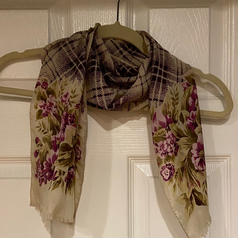 Oscar de la Renta Vintage Purple Floral Plaid Silk Scarf
